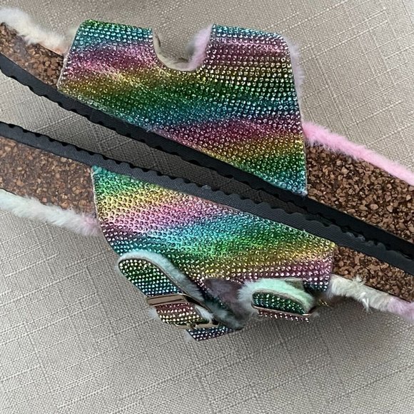 Forever21 Women Sandal Shoes Multi Color Bling Faux Fur Shoes Size 6.5 - Picture 6 of 11